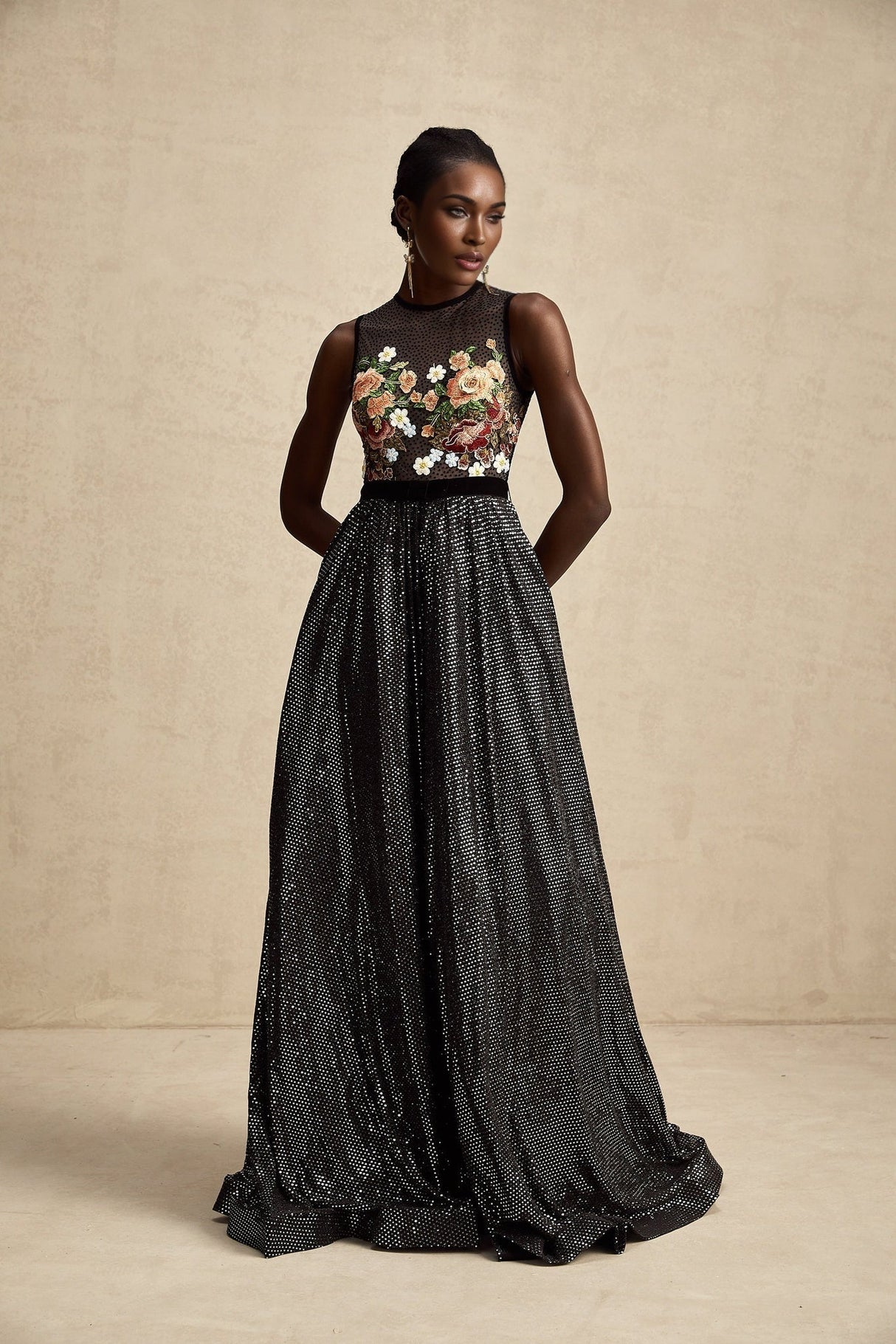 Rinata Embellished Maxi Dress with Floral Embroidery