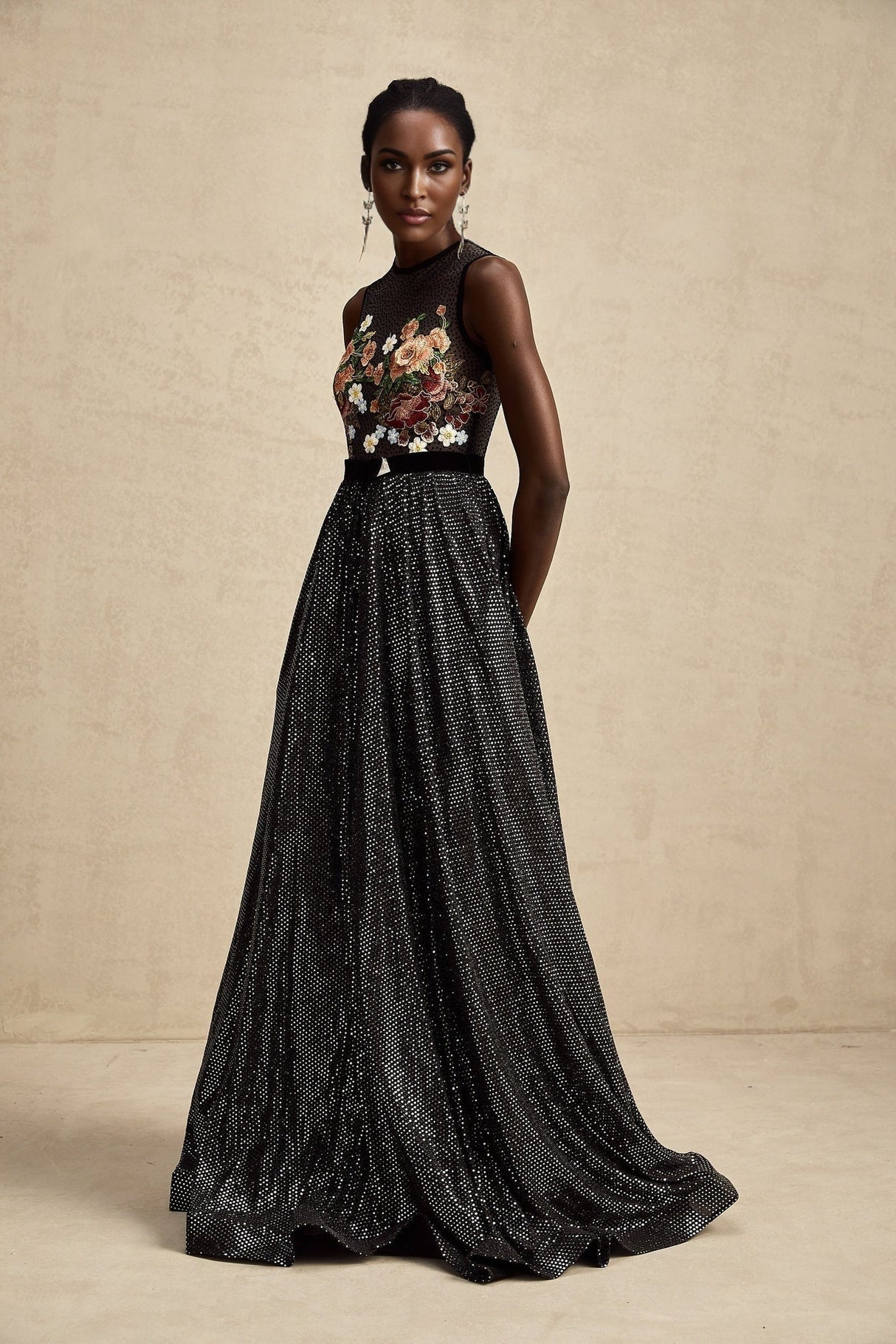 Rinata Embellished Maxi Dress with Floral Embroidery