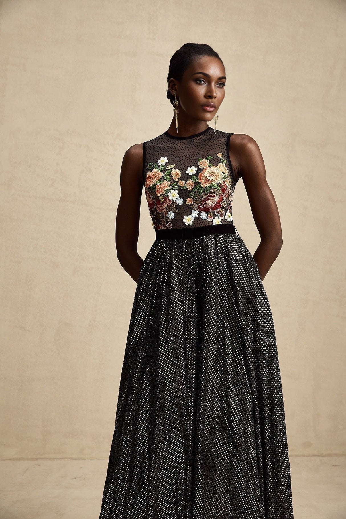 Rinata Embellished Maxi Dress with Floral Embroidery