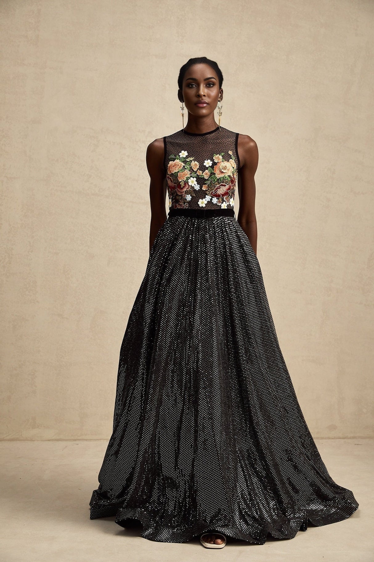 Rinata Embellished Maxi Dress with Floral Embroidery