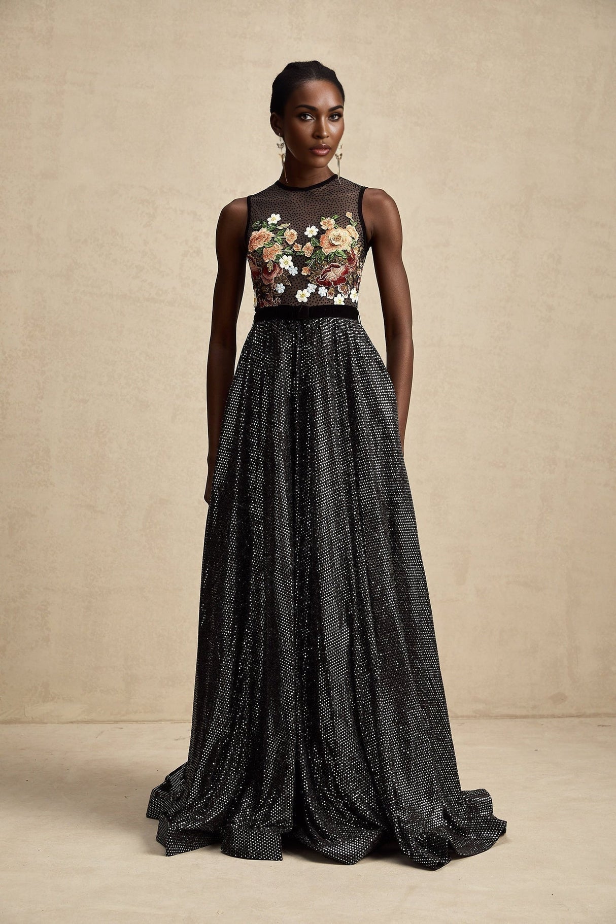 Rinata Embellished Maxi Dress with Floral Embroidery