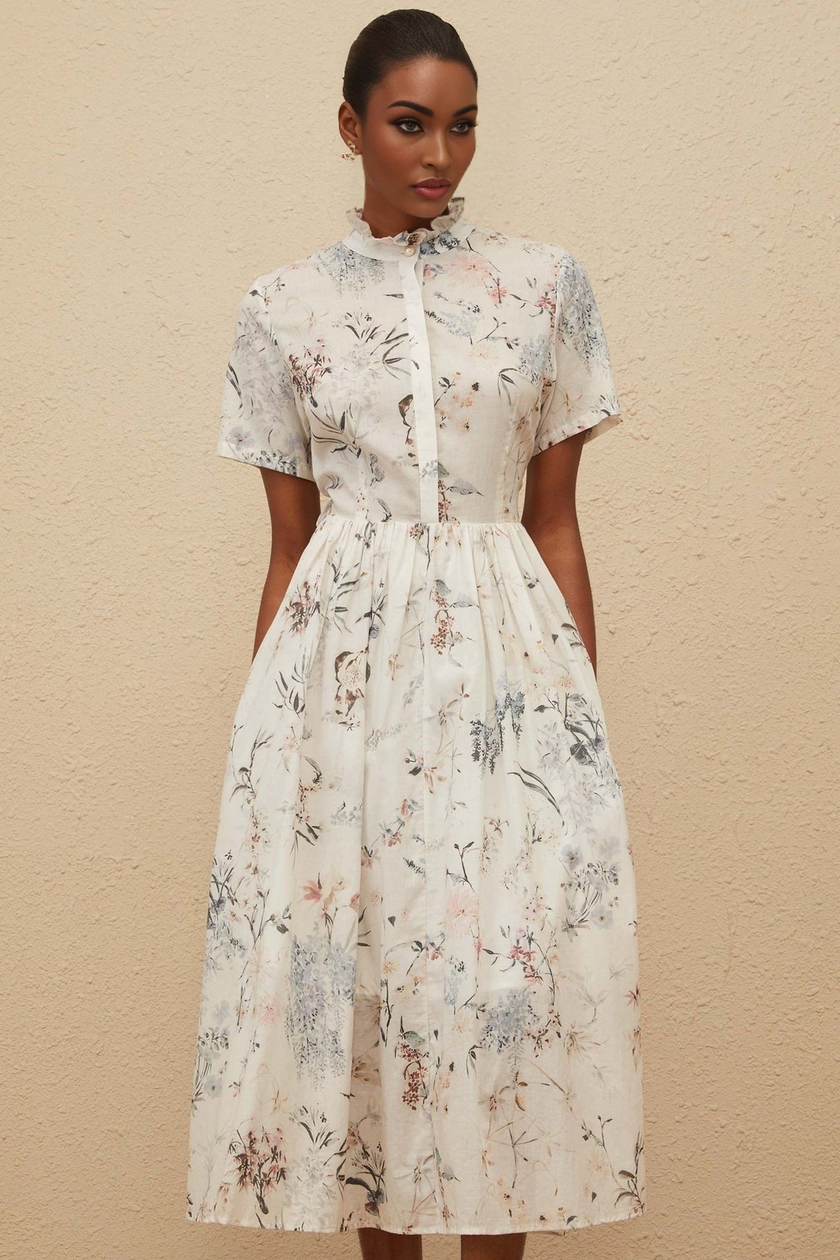 Rinata Midi Dress - Short Sleeves - Frilled Neck - Tied Waist - Floral Print - Shirred Effect