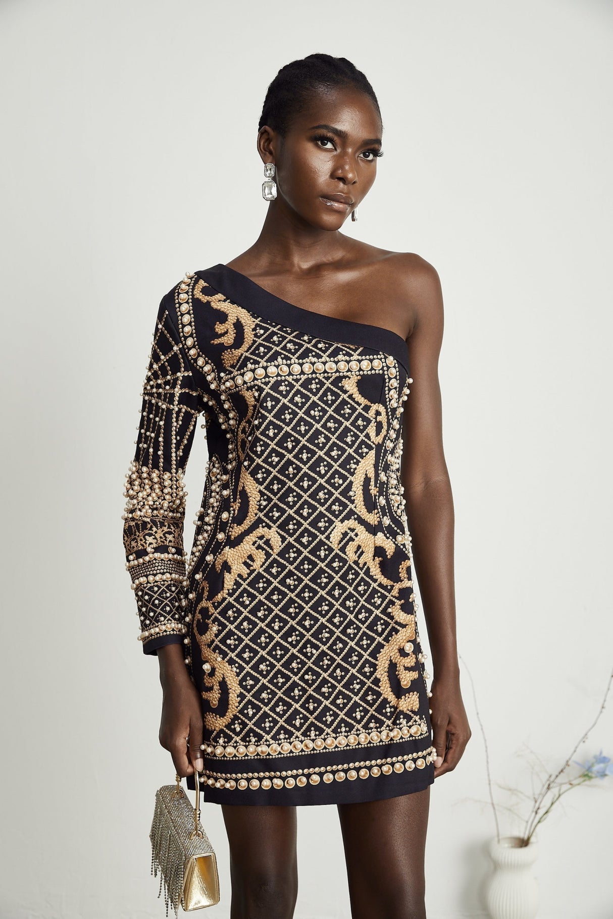Rinata Mini Dress Pearl Embellished One Shoulder Black Gold