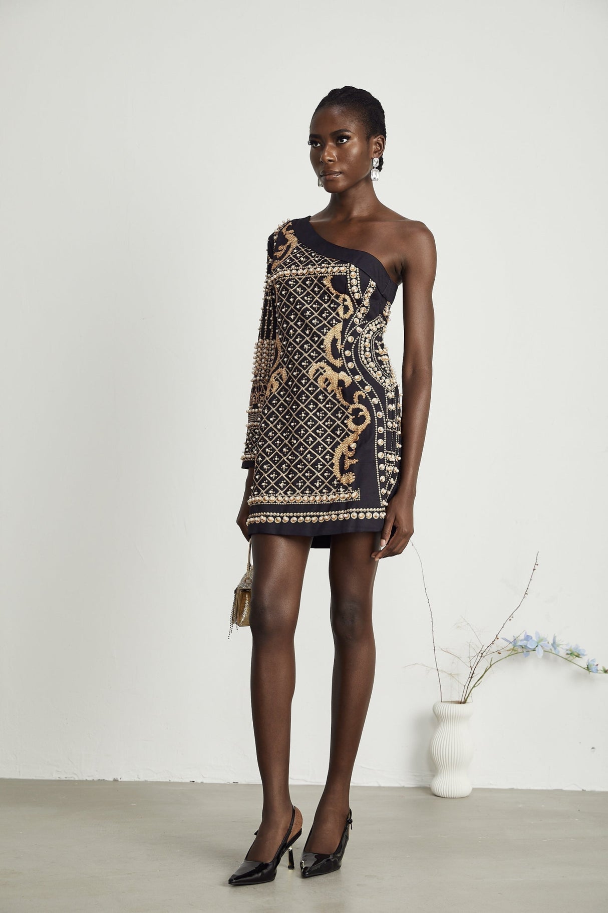 Rinata Mini Dress Pearl Embellished One Shoulder Black Gold