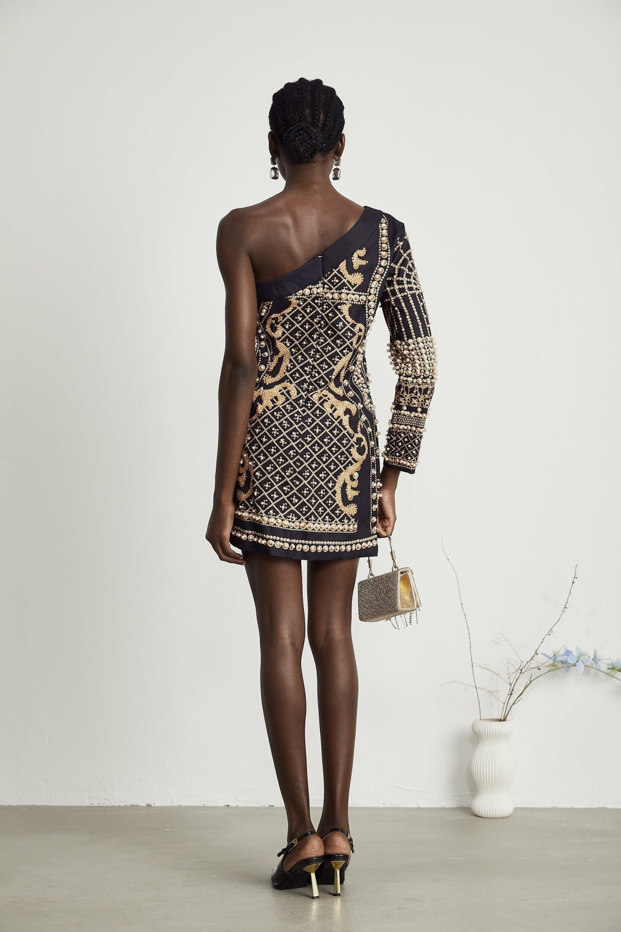 Rinata Mini Dress Pearl Embellished One Shoulder Black Gold