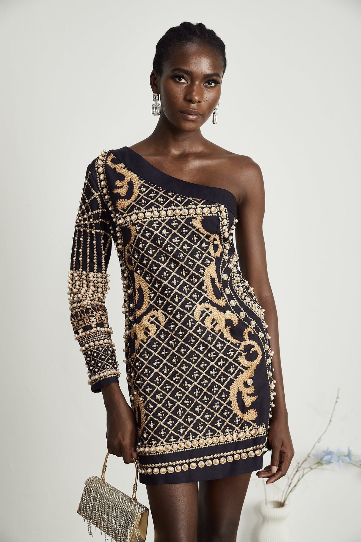 Rinata Mini Dress Pearl Embellished One Shoulder Black Gold