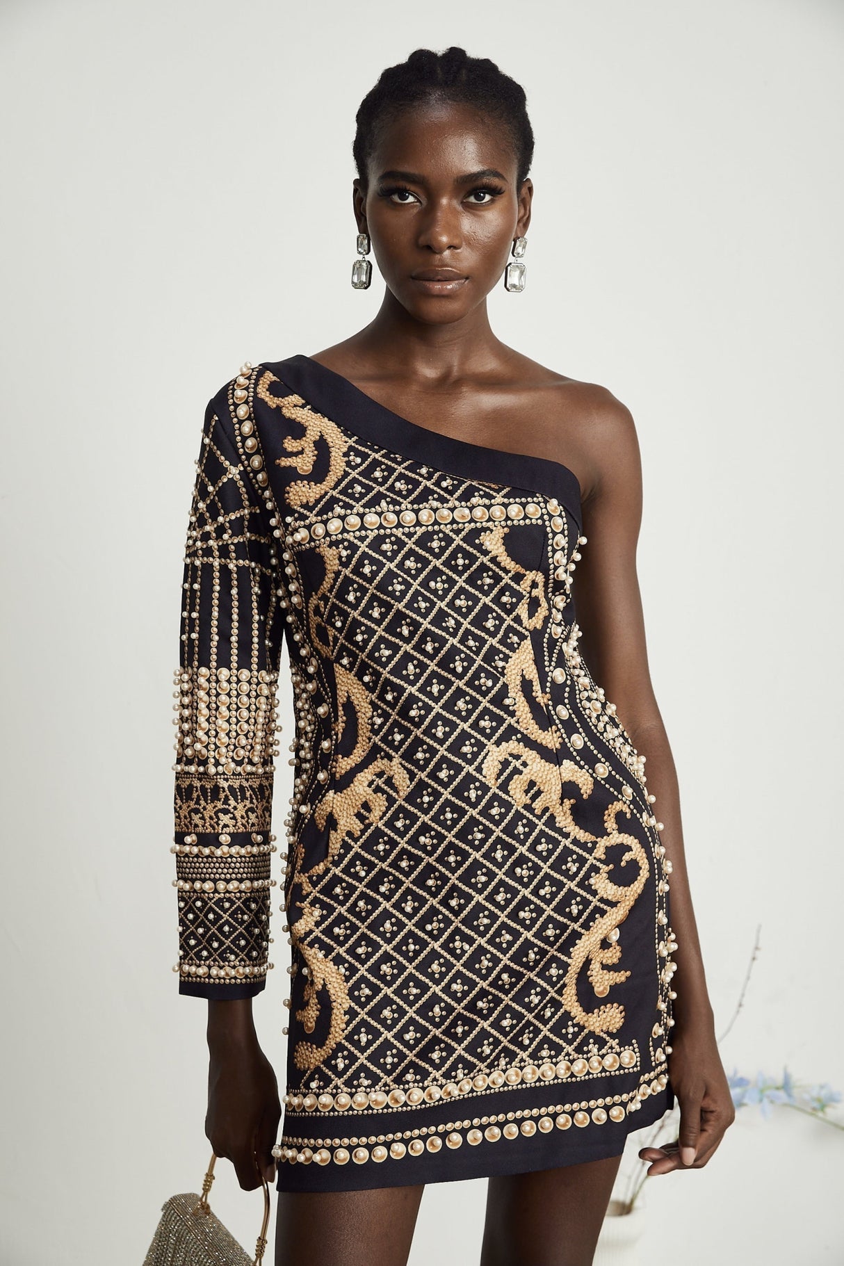 Rinata Mini Dress Pearl Embellished One Shoulder Black Gold