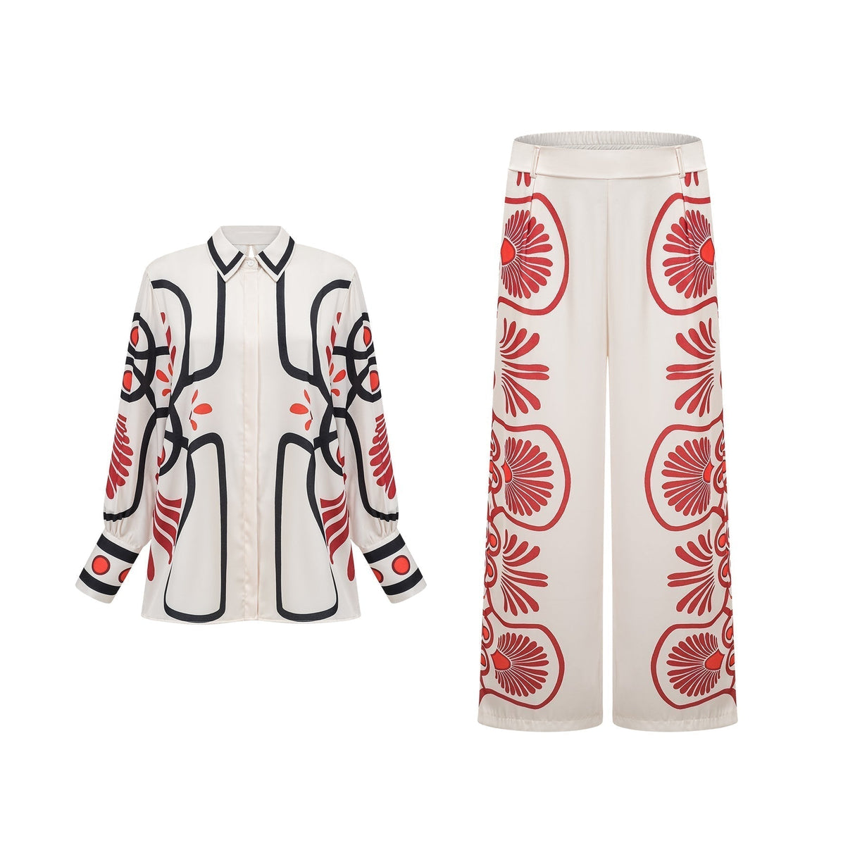 Rinata Shirt & Trousers White Multicolor Graphic Print Set