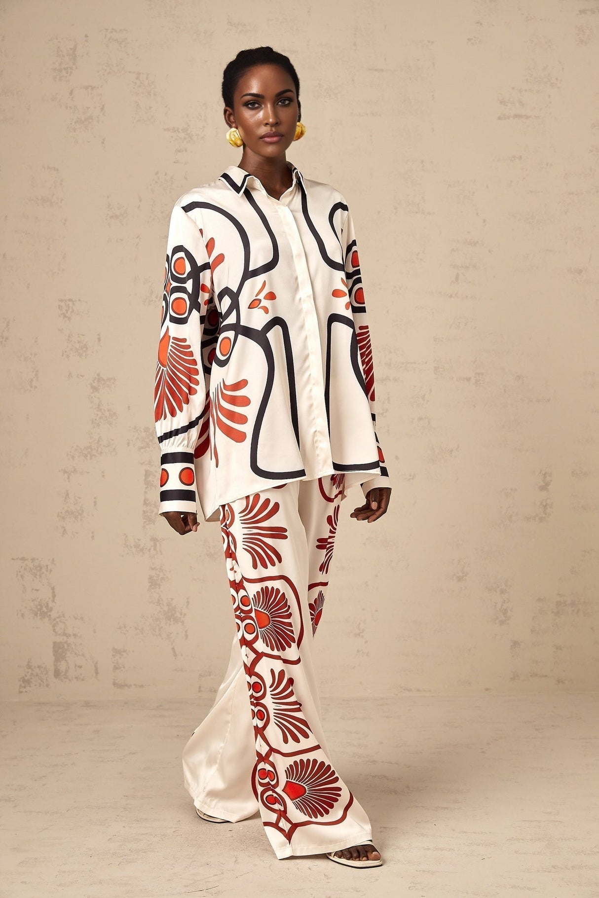 Rinata Shirt & Trousers White Multicolor Graphic Print Set