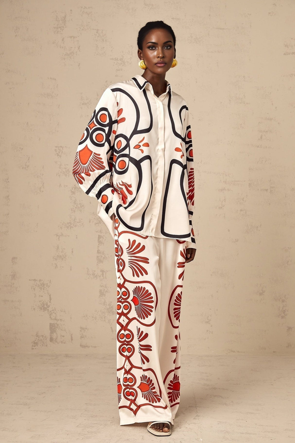 Rinata Shirt & Trousers White Multicolor Graphic Print Set