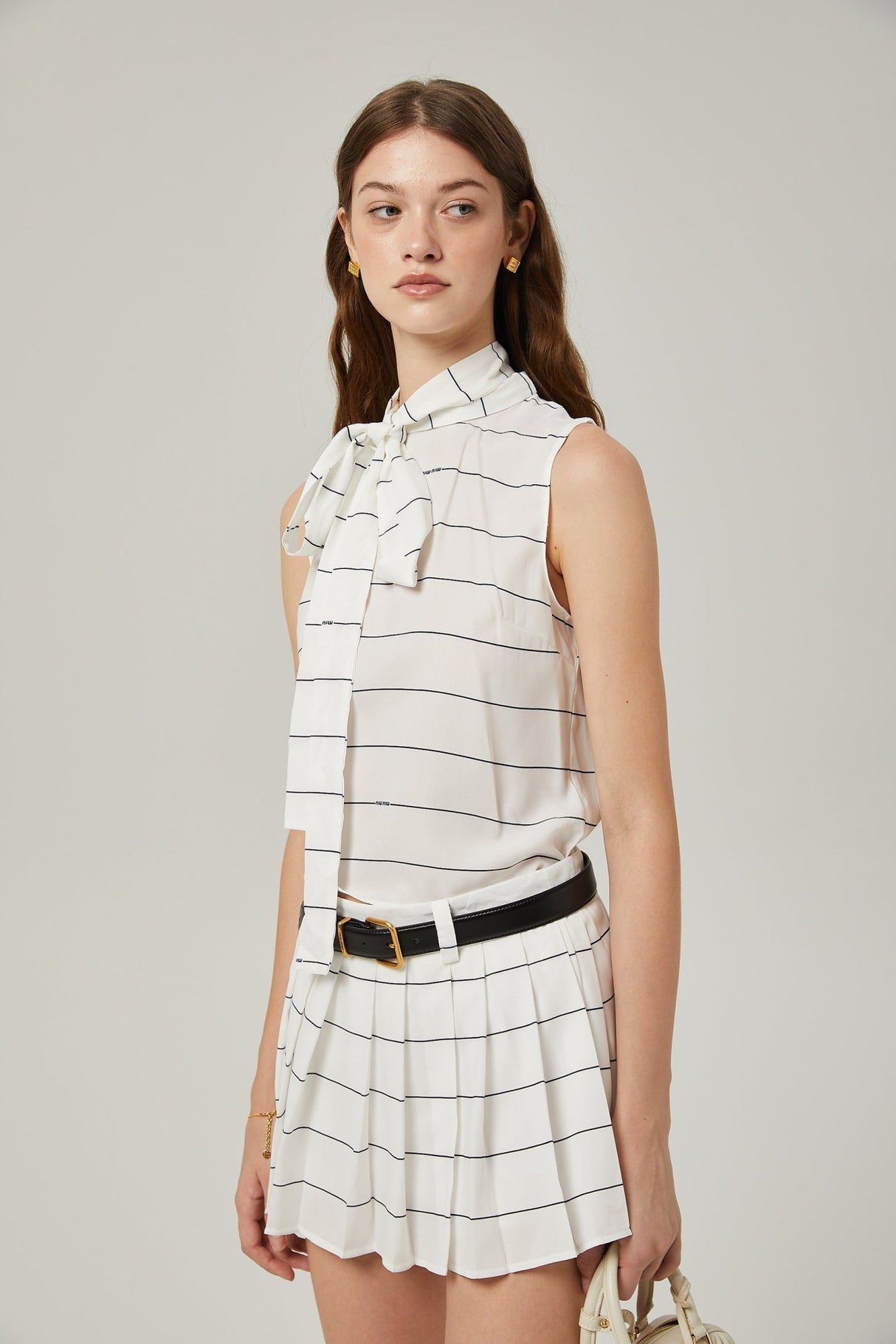 Rinata Top & Skirt Striped White Matching Set