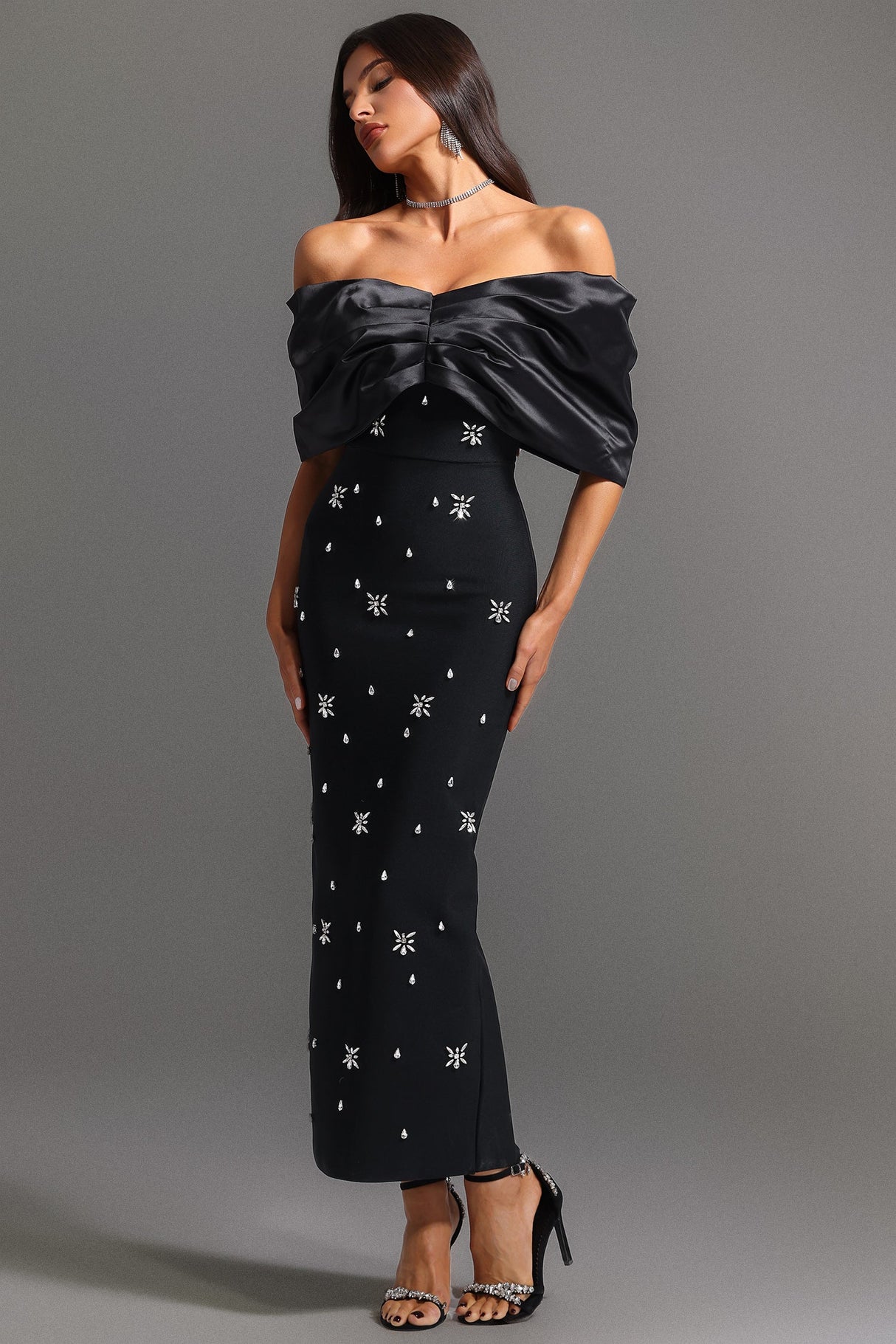 Rita Black Satin Off-Shoulder Gown with Sparkling Embellishments