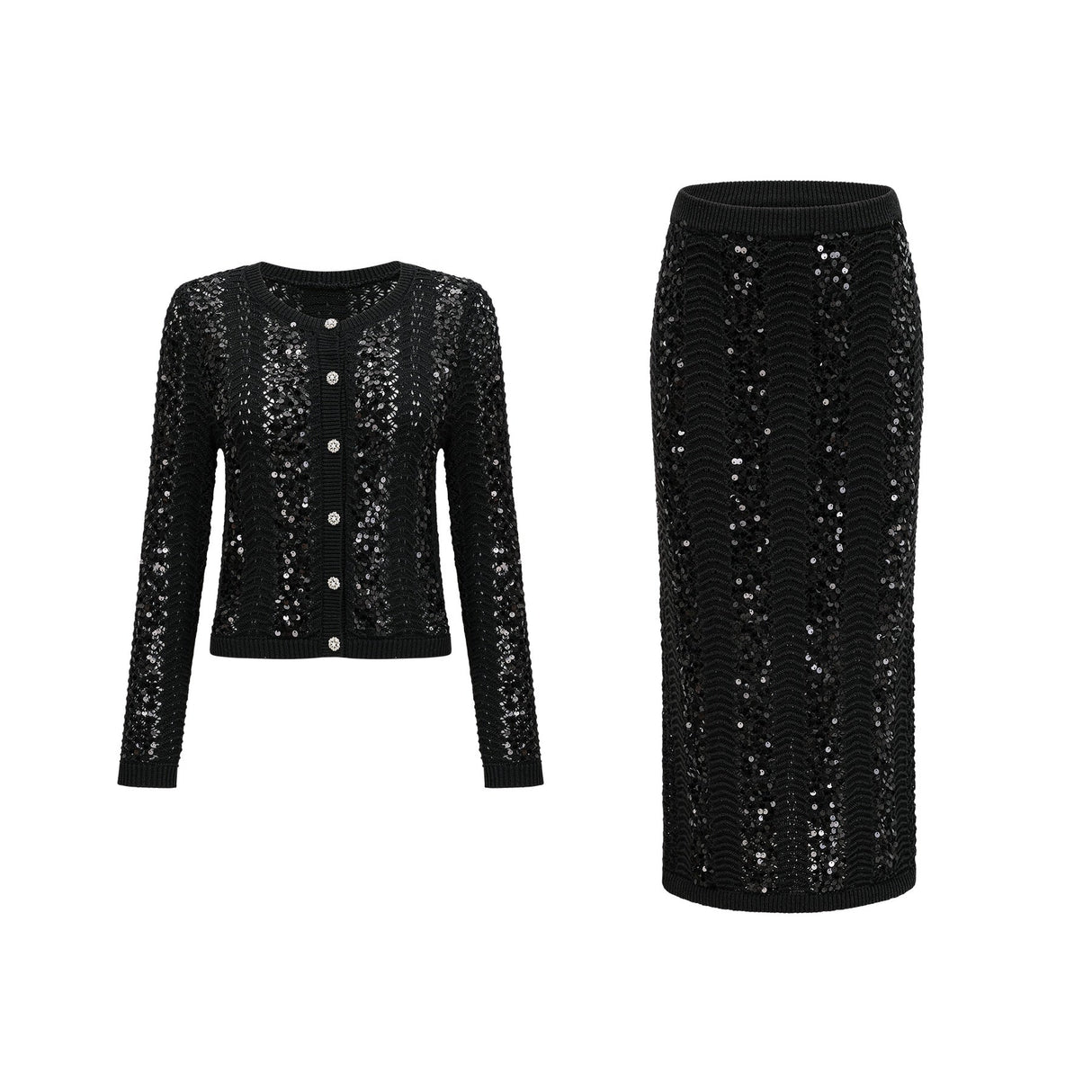 Rita Cardigan & Skirt Black Sequin Crochet Matching Set
