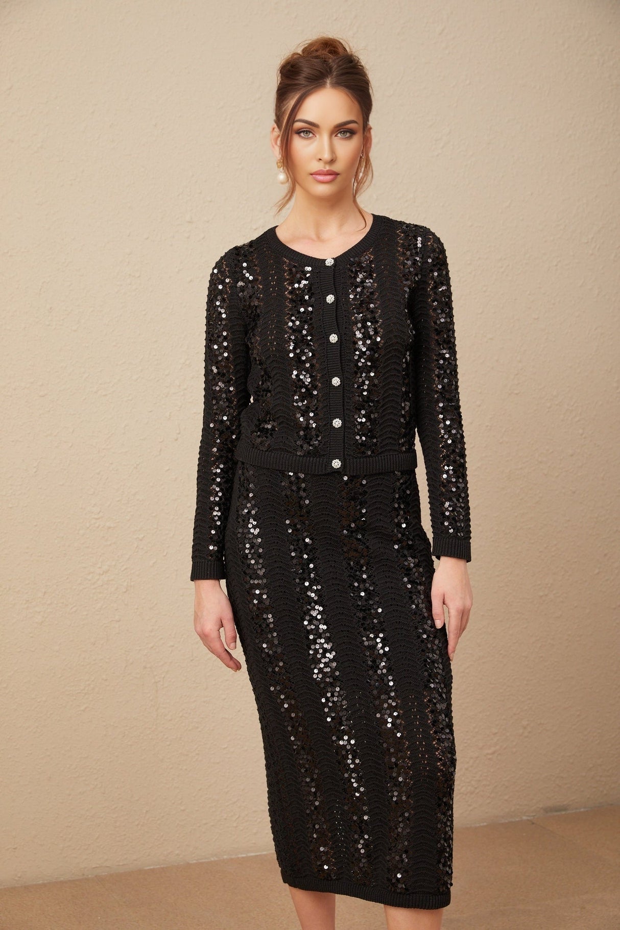 Rita Cardigan & Skirt Black Sequin Crochet Matching Set