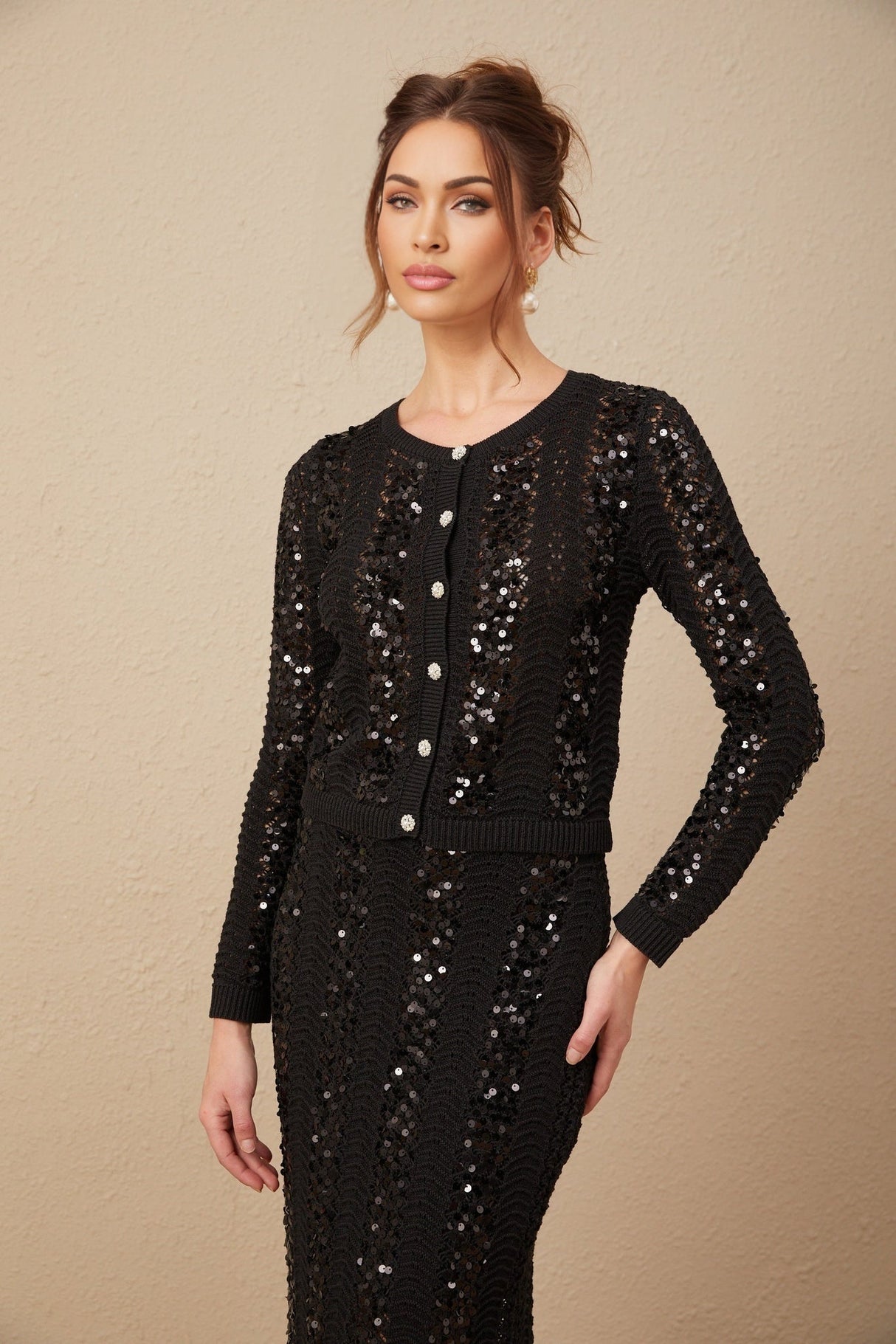 Rita Cardigan & Skirt Black Sequin Crochet Matching Set