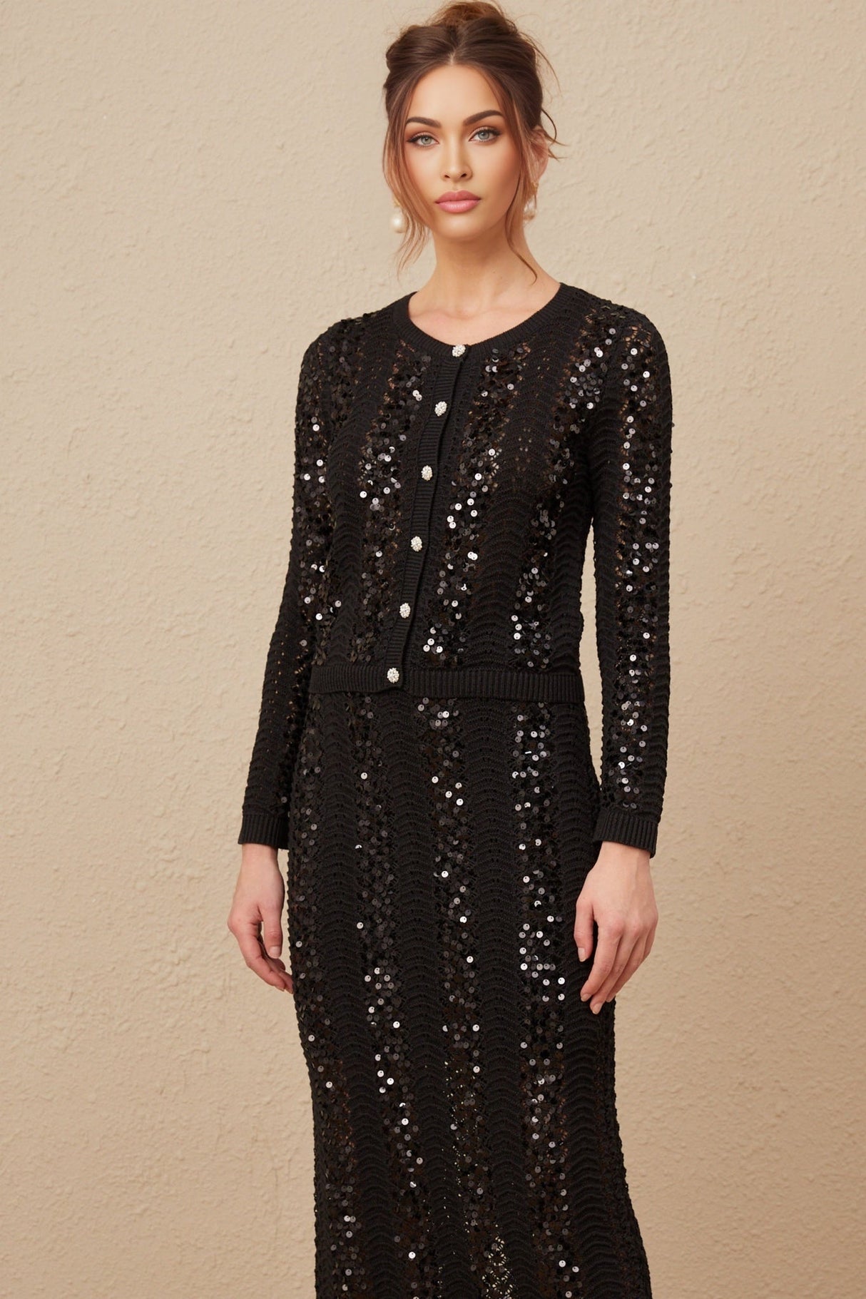 Rita Cardigan & Skirt Black Sequin Crochet Matching Set