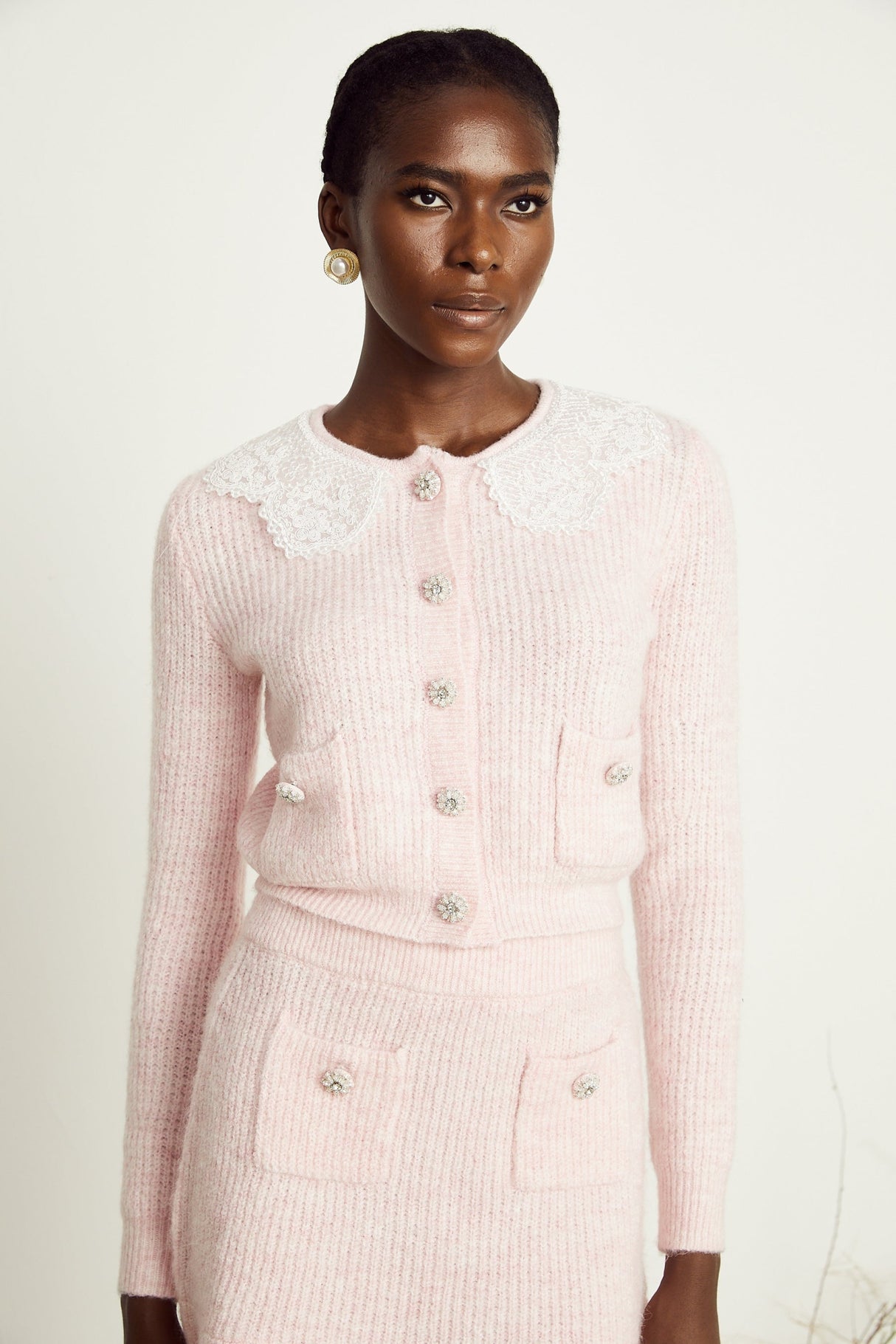 Rita Cardigan & Skirt Pink Ribbed Knit Lace Panel Flounce Hem