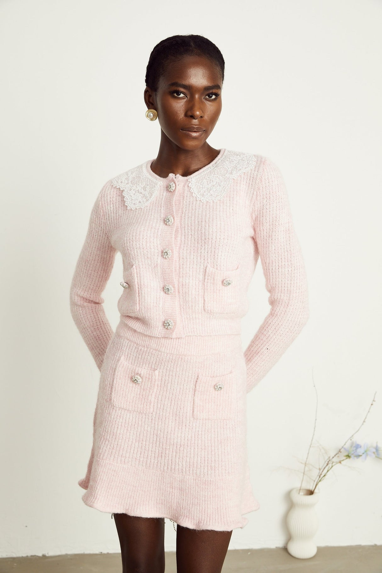 Rita Cardigan & Skirt Pink Ribbed Knit Lace Panel Flounce Hem