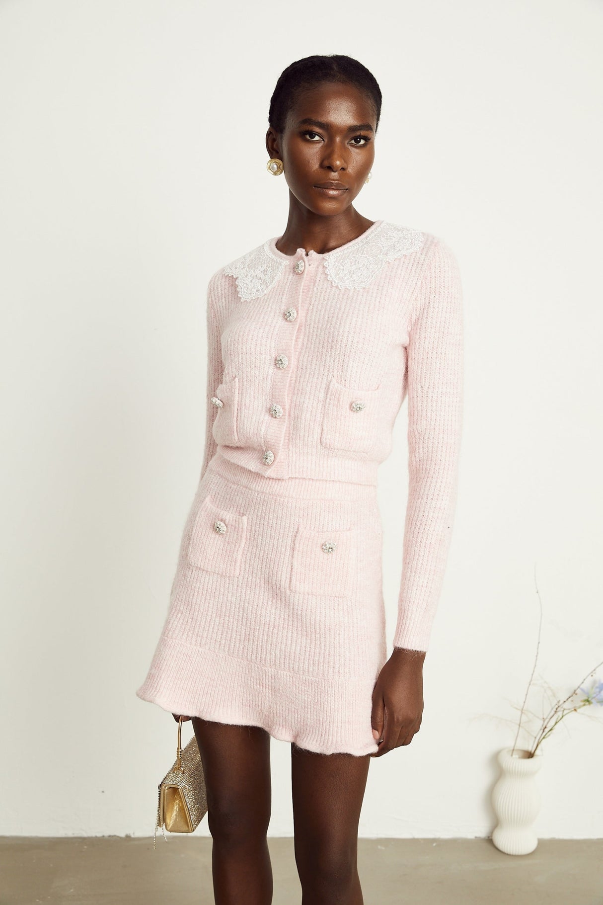 Rita Cardigan & Skirt Pink Ribbed Knit Lace Panel Flounce Hem