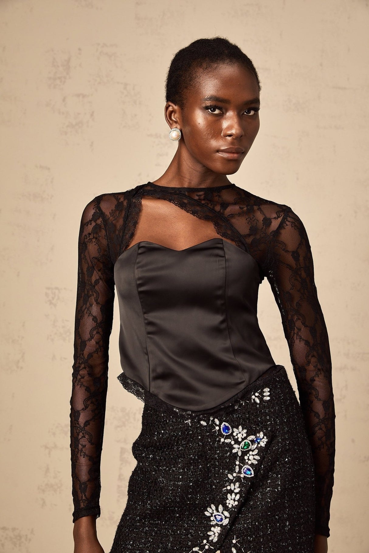 Rita Cut out Top Lace & Satin Panel