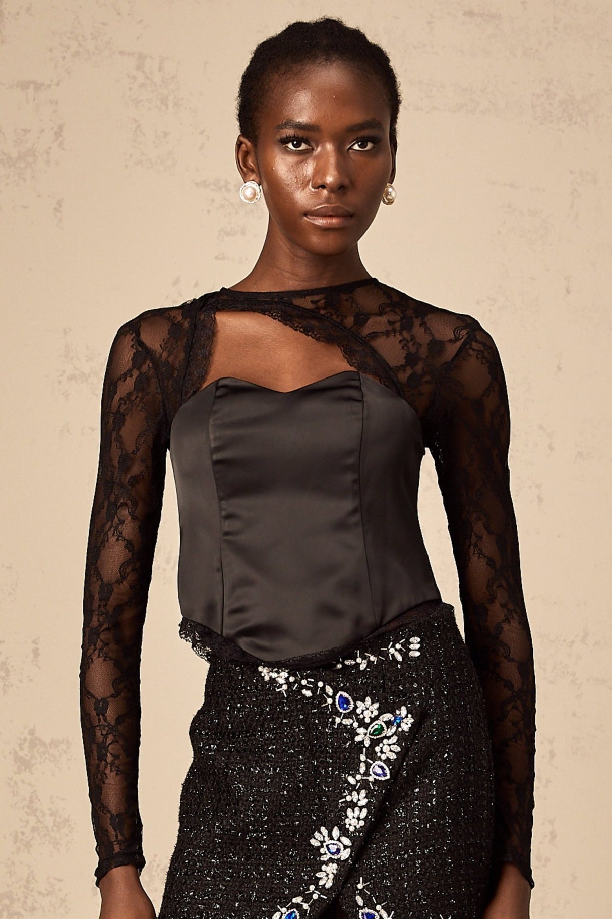 Rita Cut out Top Lace & Satin Panel