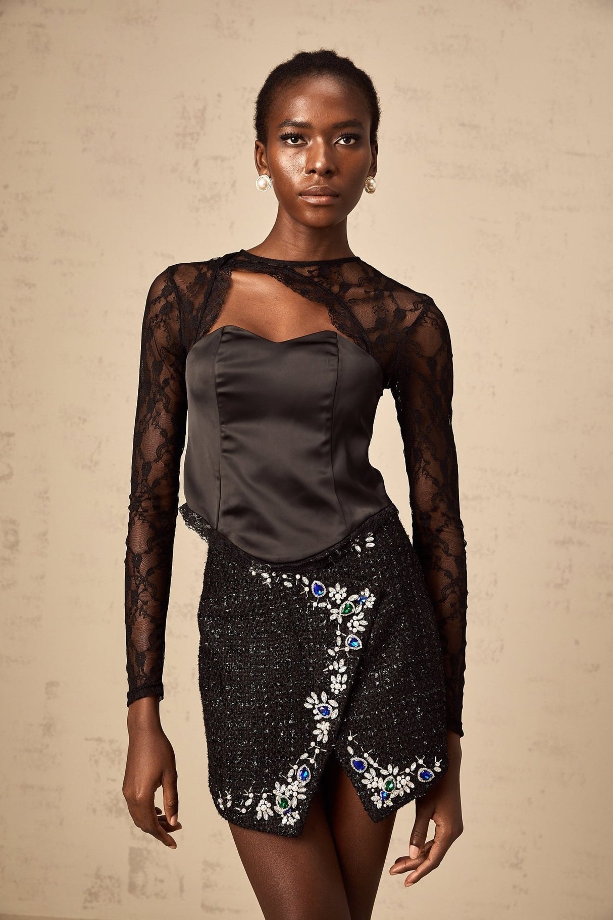 Rita Cut out Top Lace & Satin Panel