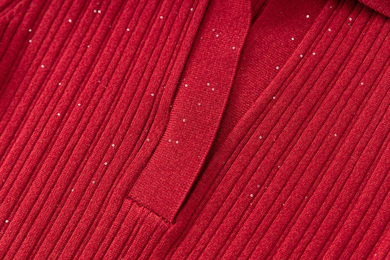 Rita Dress - Bodycon Fit - Polo Collar - Knee - Length Silhouette - Ribbed Knit With Sparkling Details