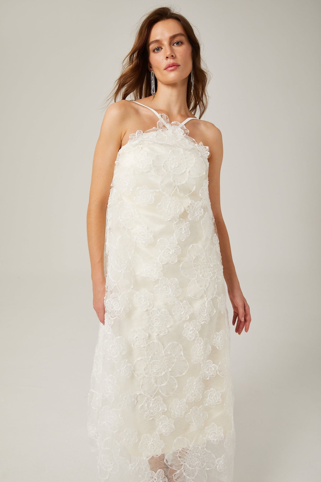 Rita Floral Maxi Dress in White with Spaghetti Straps and Scoop Back Design