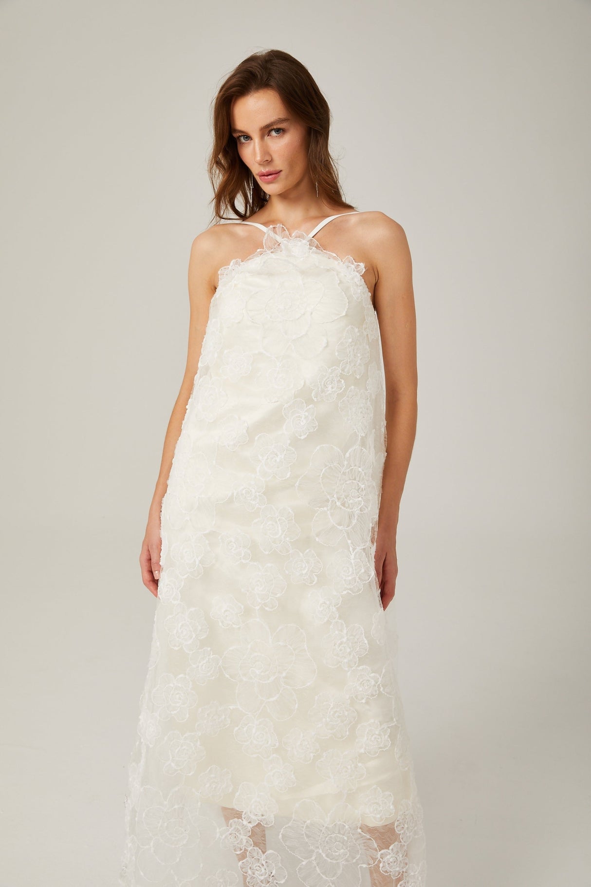 Rita Floral Maxi Dress in White with Spaghetti Straps and Scoop Back Design