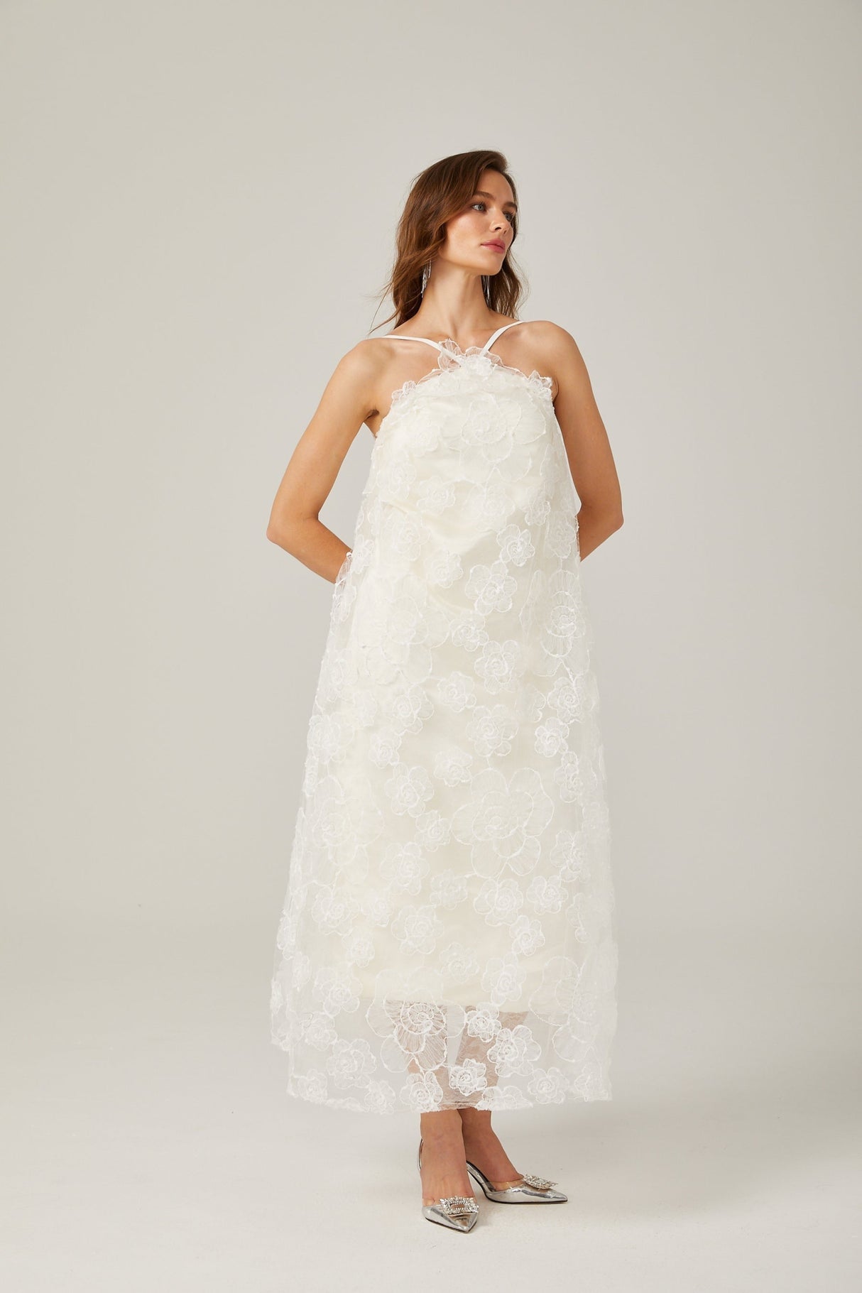 Rita Floral Maxi Dress in White with Spaghetti Straps and Scoop Back Design