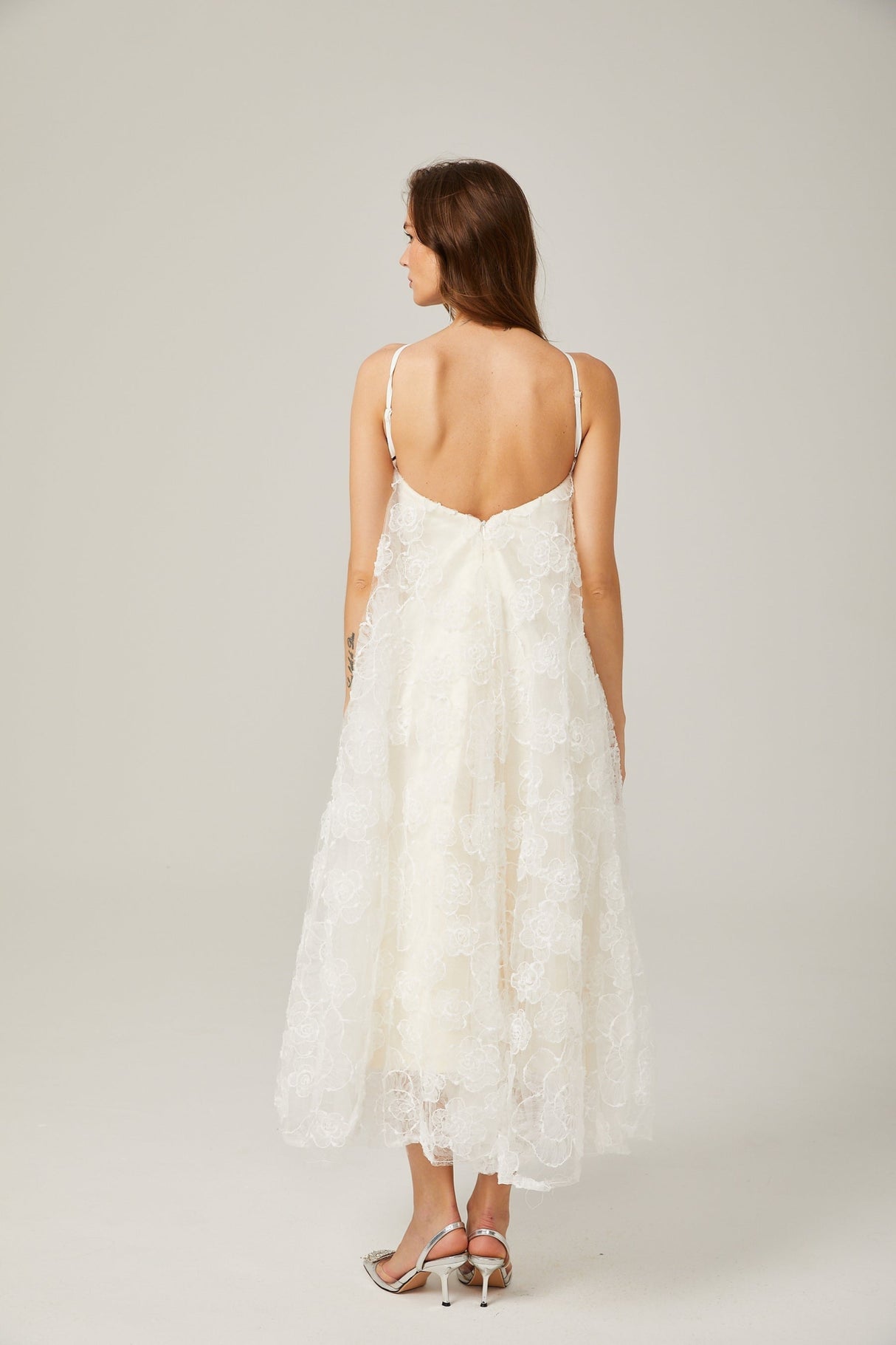 Rita Floral Maxi Dress in White with Spaghetti Straps and Scoop Back Design