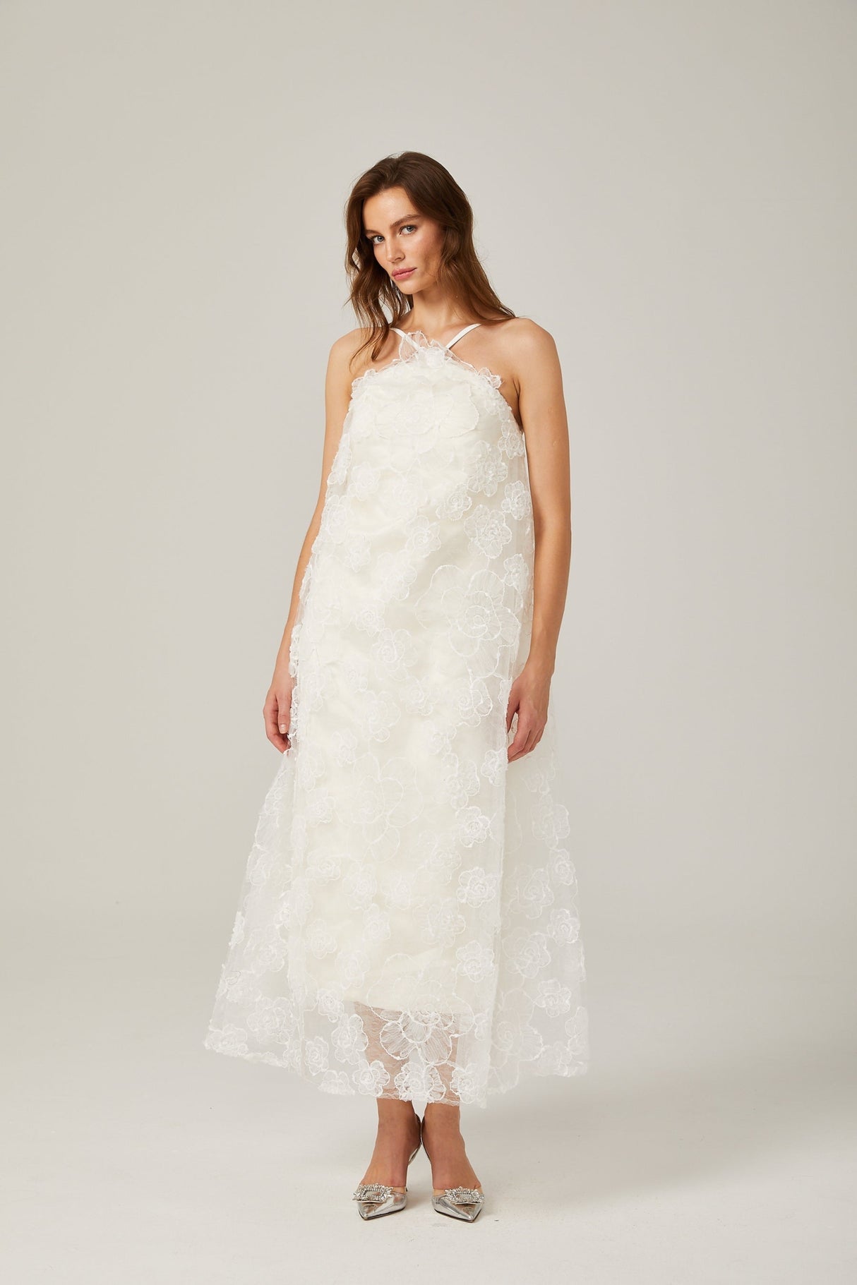 Rita Floral Maxi Dress in White with Spaghetti Straps and Scoop Back Design