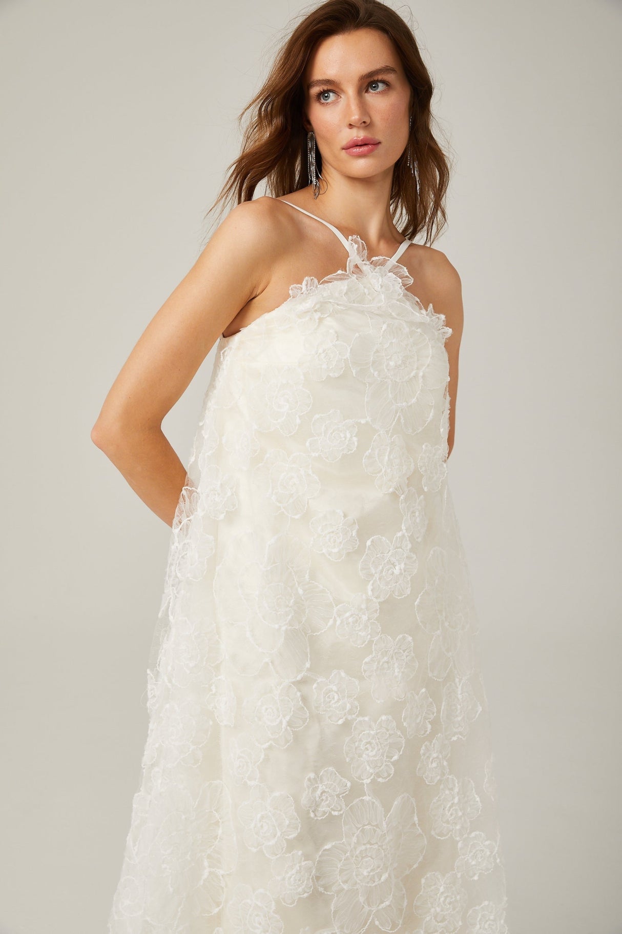 Rita Floral Maxi Dress in White with Spaghetti Straps and Scoop Back Design