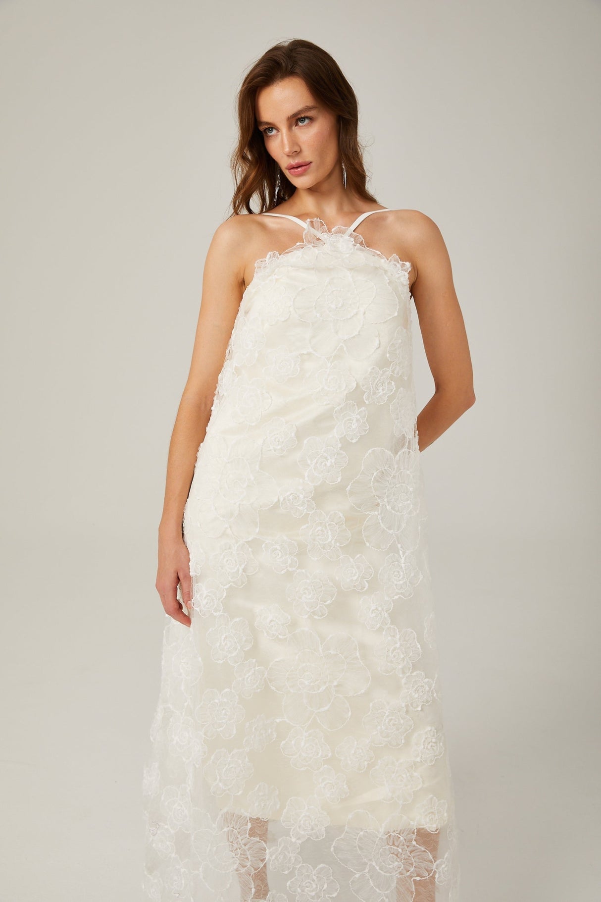 Rita Floral Maxi Dress in White with Spaghetti Straps and Scoop Back Design