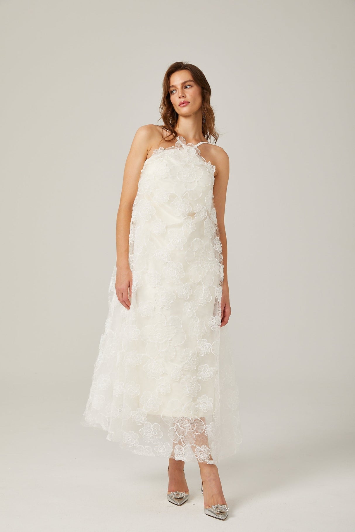 Rita Floral Maxi Dress in White with Spaghetti Straps and Scoop Back Design