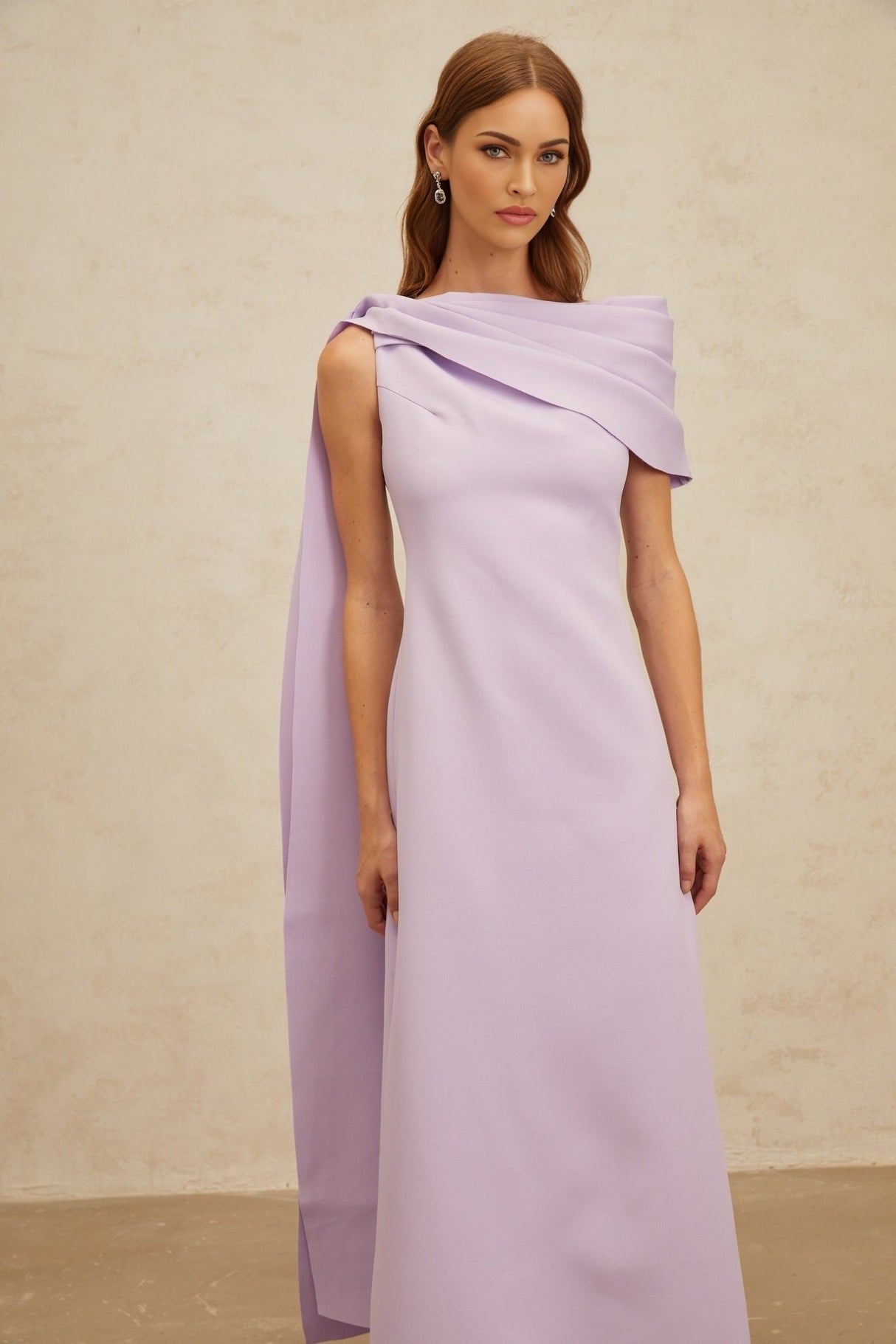 Rita Maxi Dress - One - Shoulder - Cape - Ruched - Slit Zip - Floor - Length