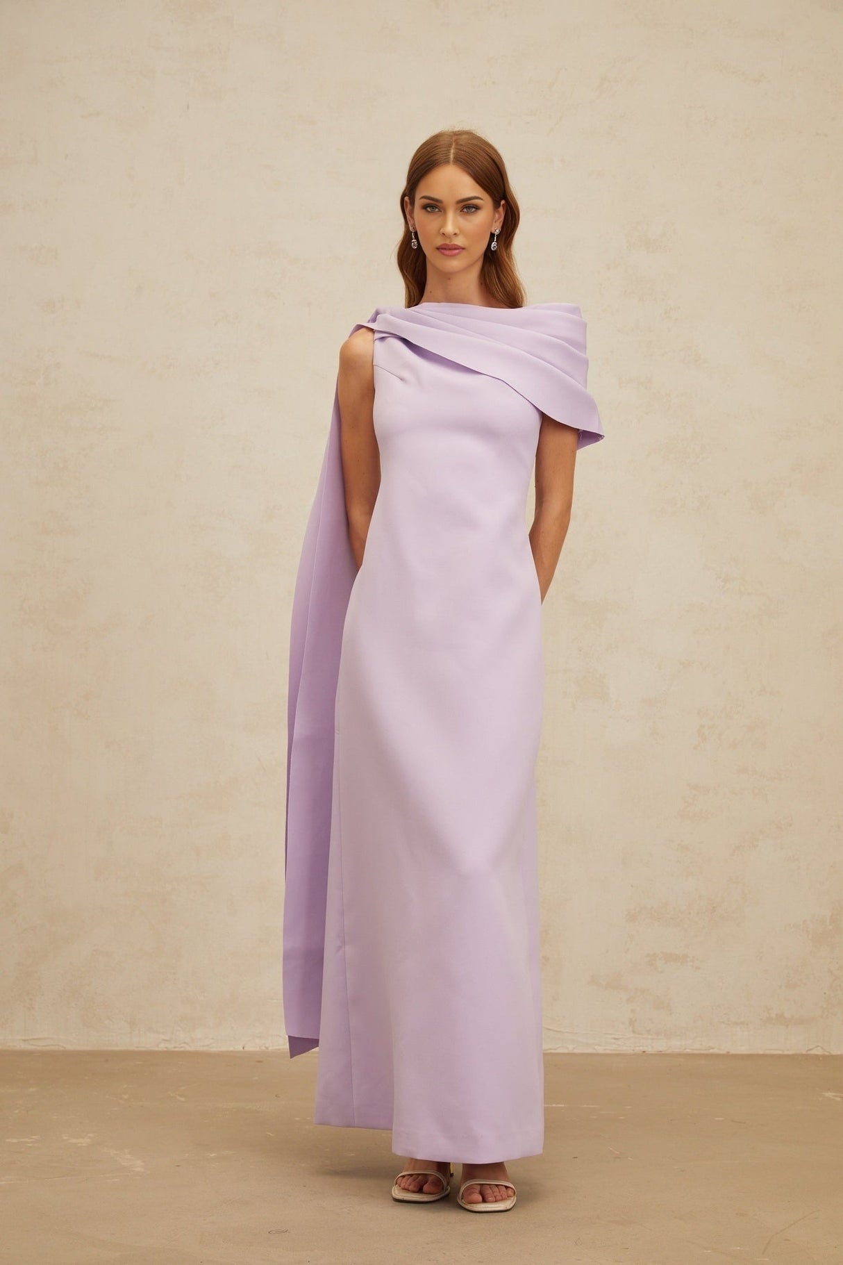 Rita Maxi Dress - One - Shoulder - Cape - Ruched - Slit Zip - Floor - Length