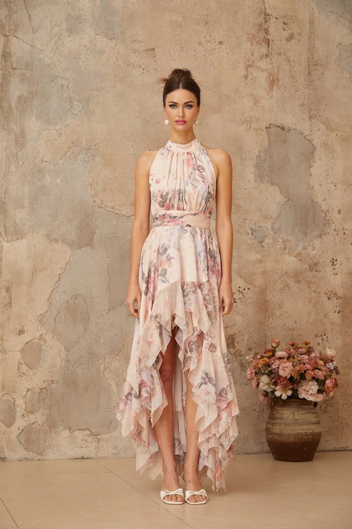 Rita Maxi Dress Pink Floral Asymmetrical & Open Back