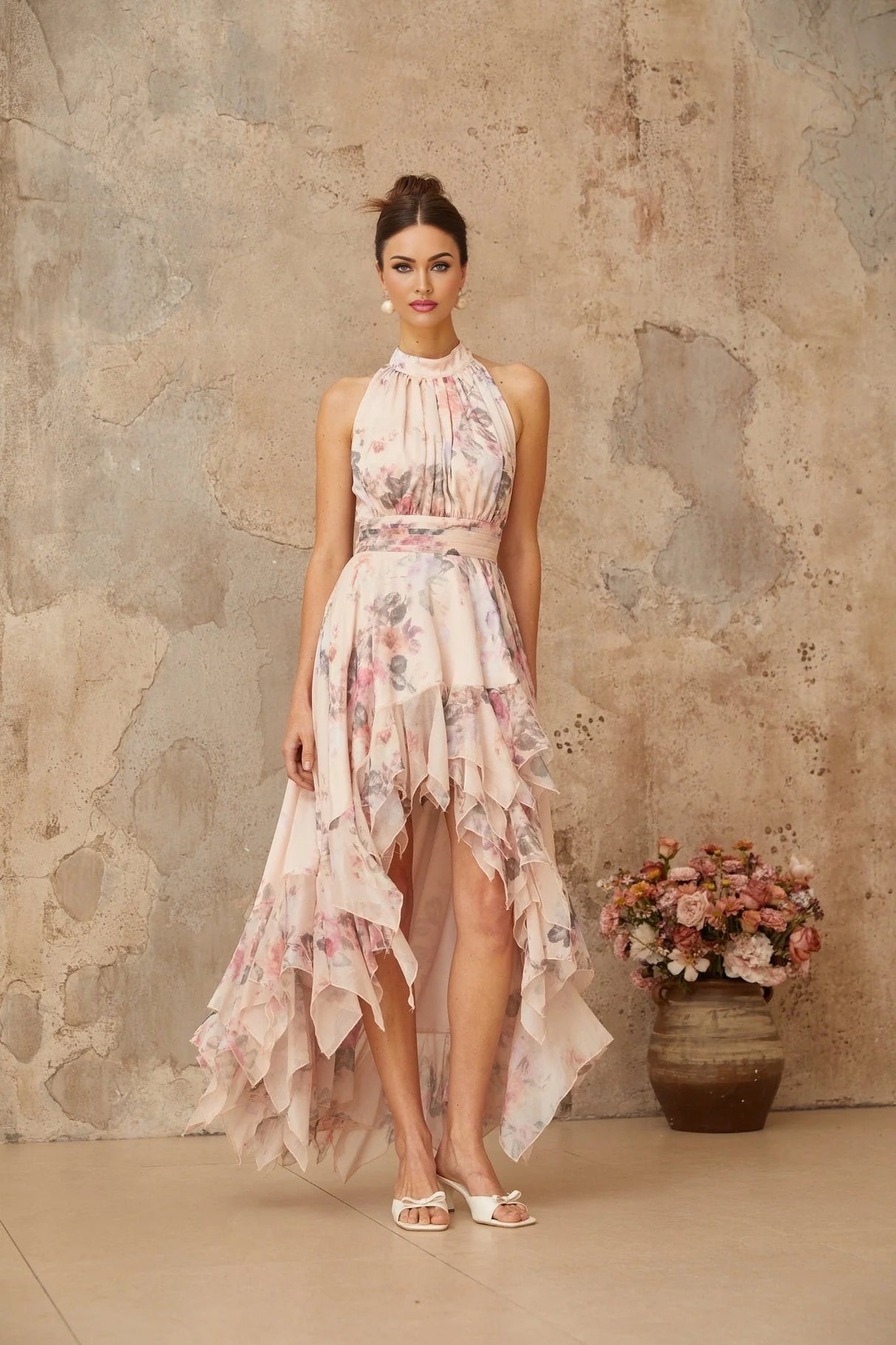 Rita Maxi Dress Pink Floral Asymmetrical & Open Back