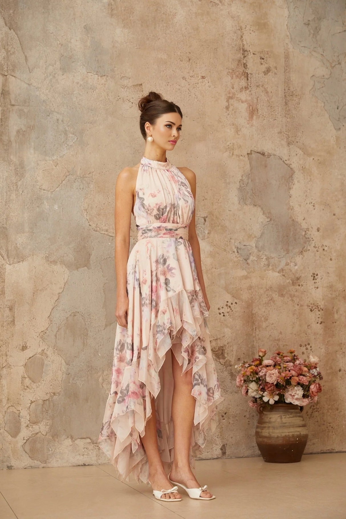 Rita Maxi Dress Pink Floral Asymmetrical & Open Back
