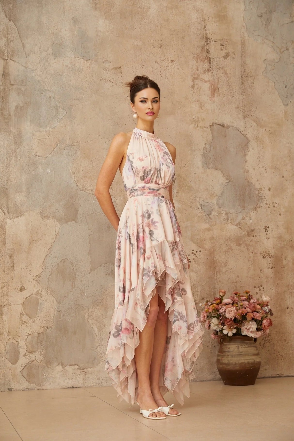 Rita Maxi Dress Pink Floral Asymmetrical & Open Back