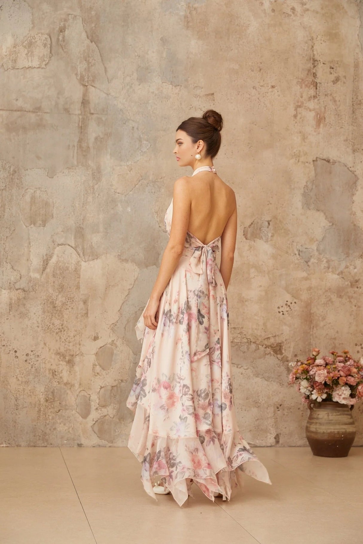 Rita Maxi Dress Pink Floral Asymmetrical & Open Back