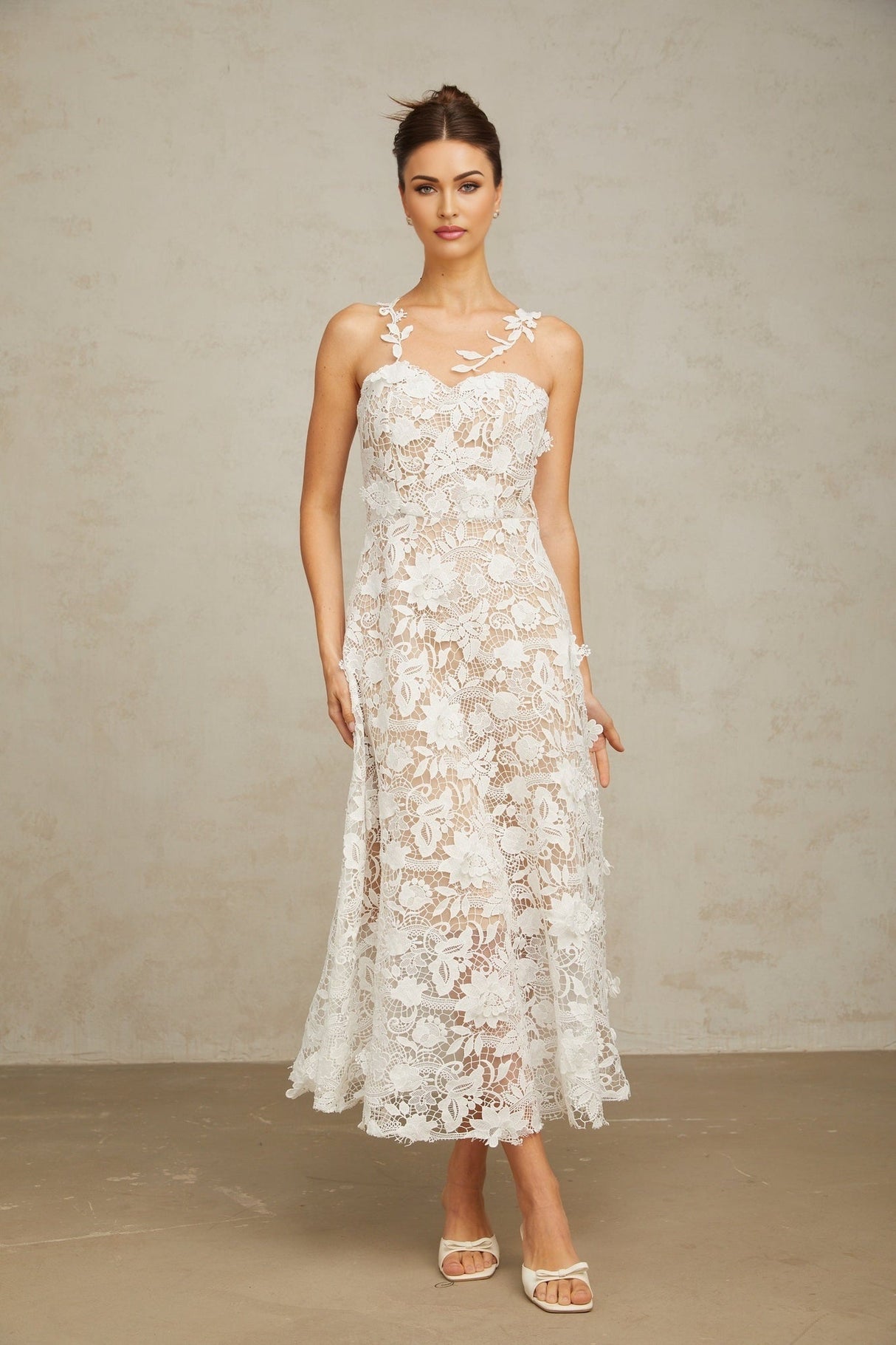 Rita Midi Dress White Lace Tulle Sleeveless & Rear Zip