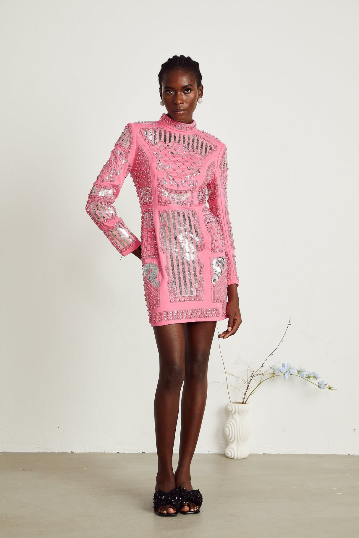 Rita Mini Dress Pink Crystal Beaded Zippered Glam