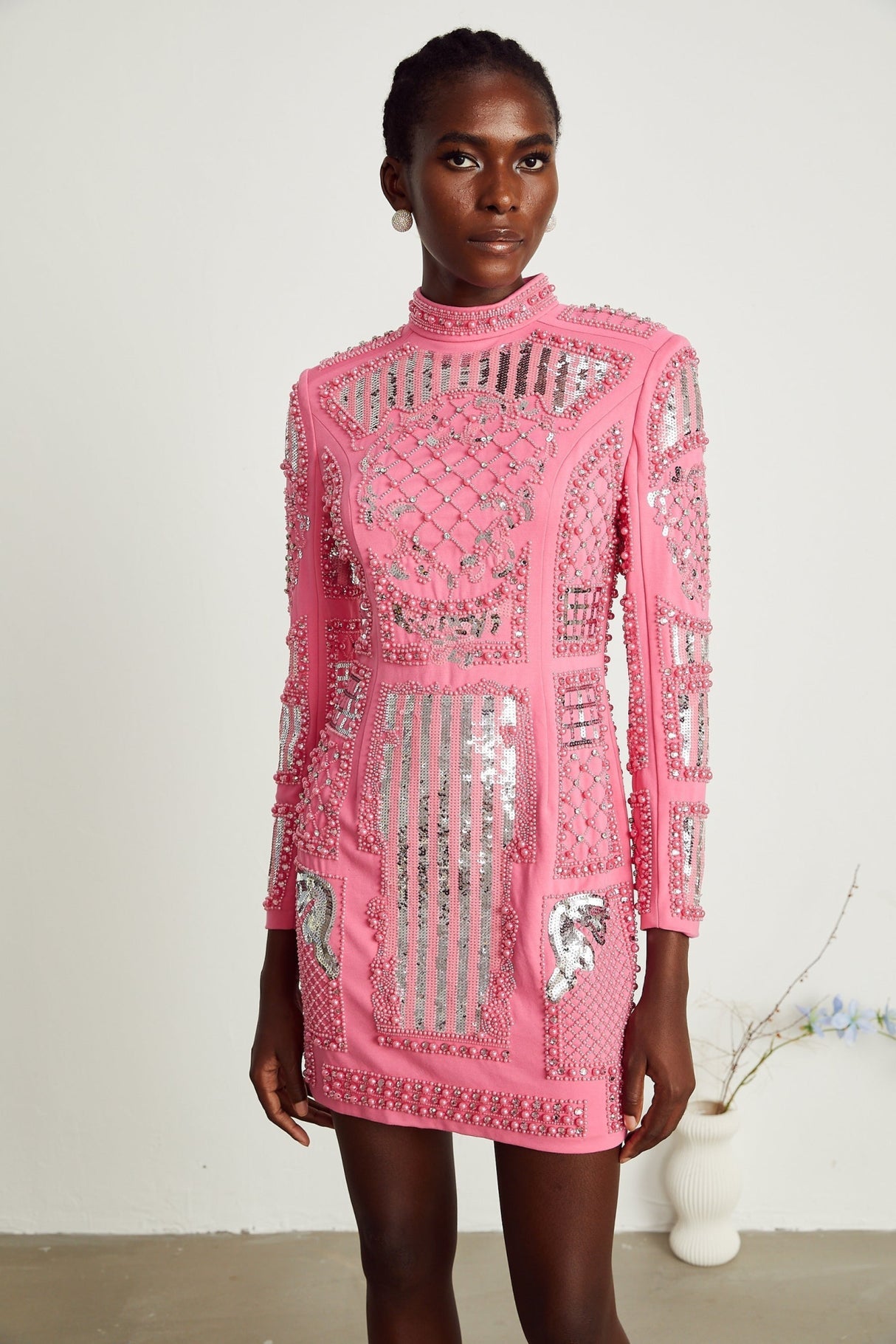 Rita Mini Dress Pink Crystal Beaded Zippered Glam