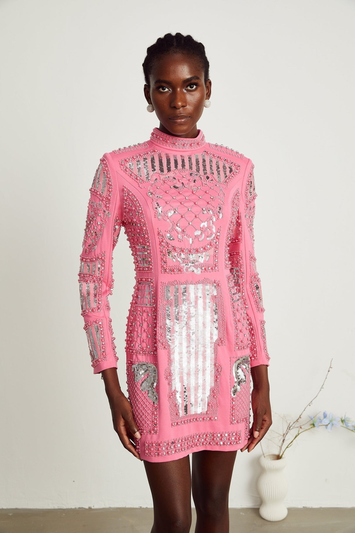 Rita Mini Dress Pink Crystal Beaded Zippered Glam