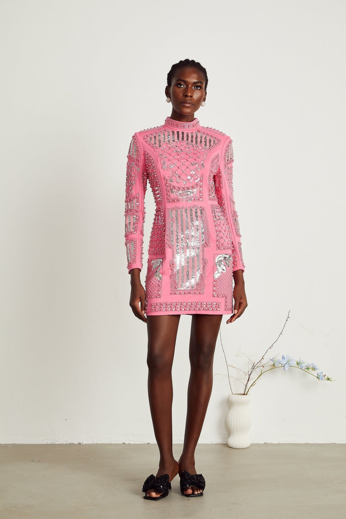 Rita Mini Dress Pink Crystal Beaded Zippered Glam