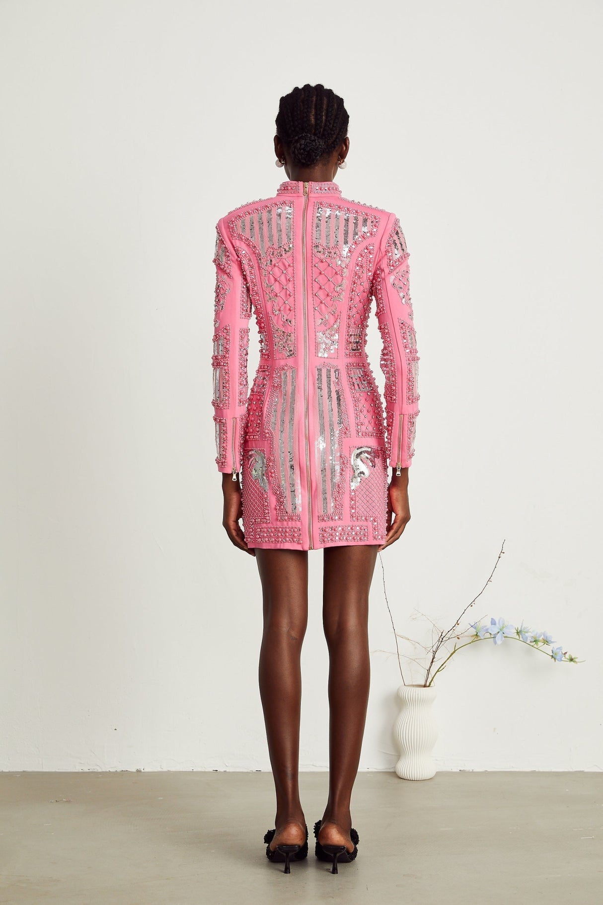 Rita Mini Dress Pink Crystal Beaded Zippered Glam