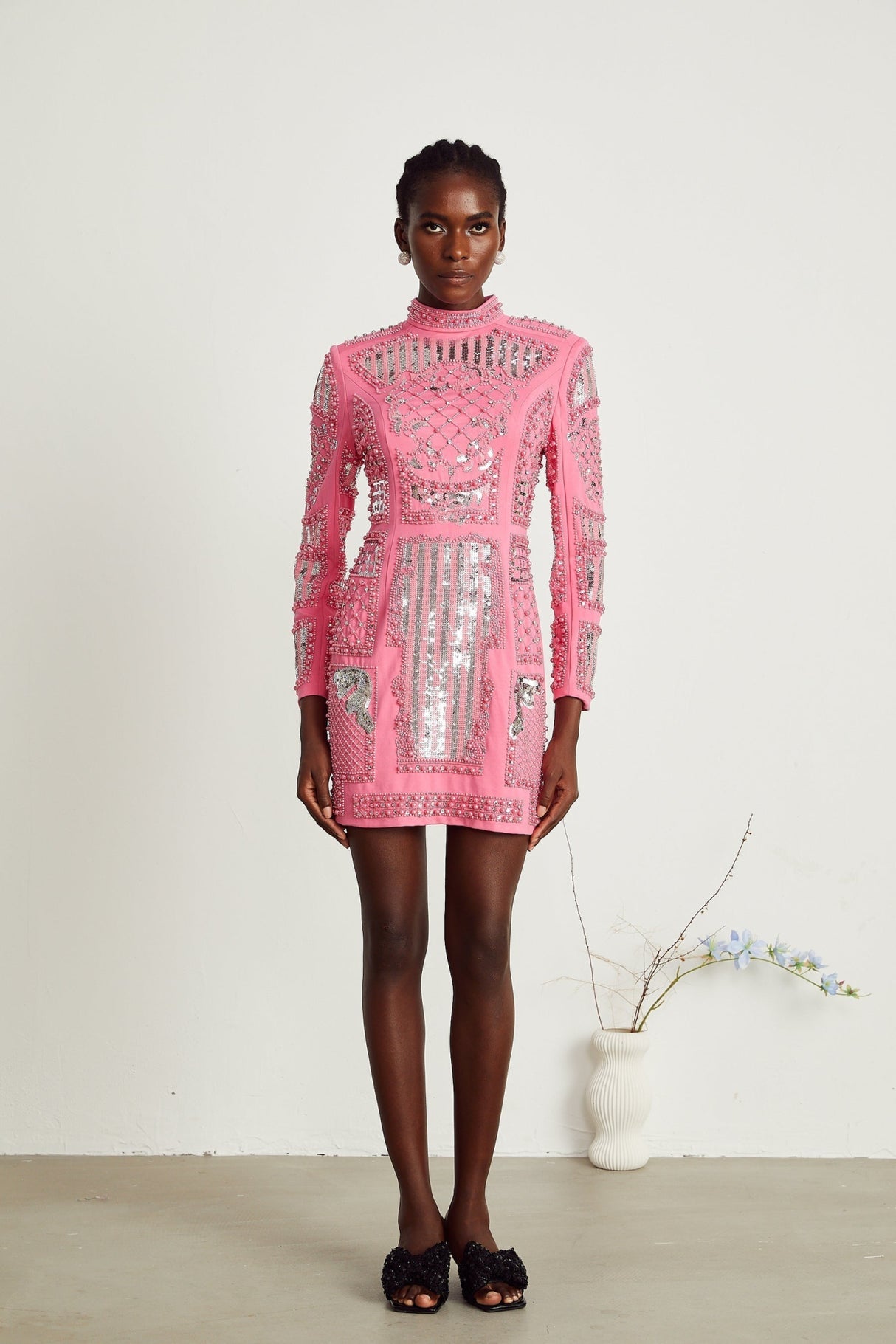 Rita Mini Dress Pink Crystal Beaded Zippered Glam