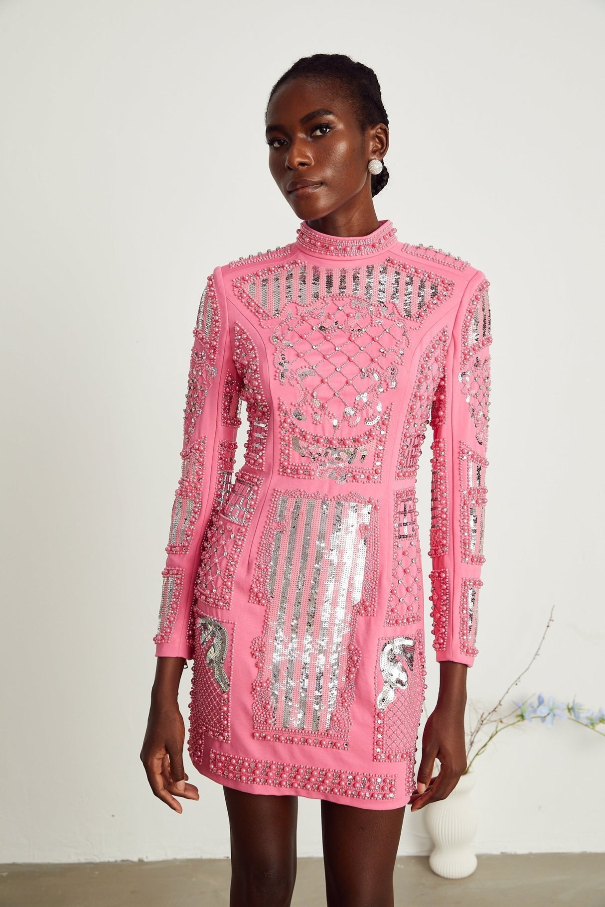 Rita Mini Dress Pink Crystal Beaded Zippered Glam